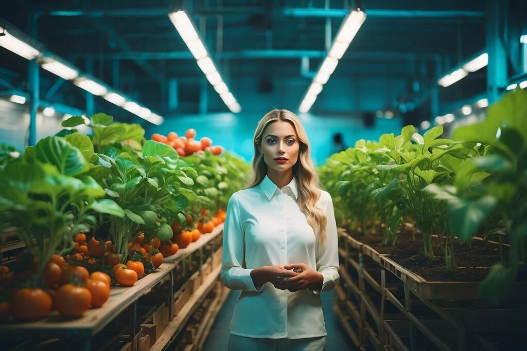 A young woman standing in a hydroponic greenhouse full of vegetables.