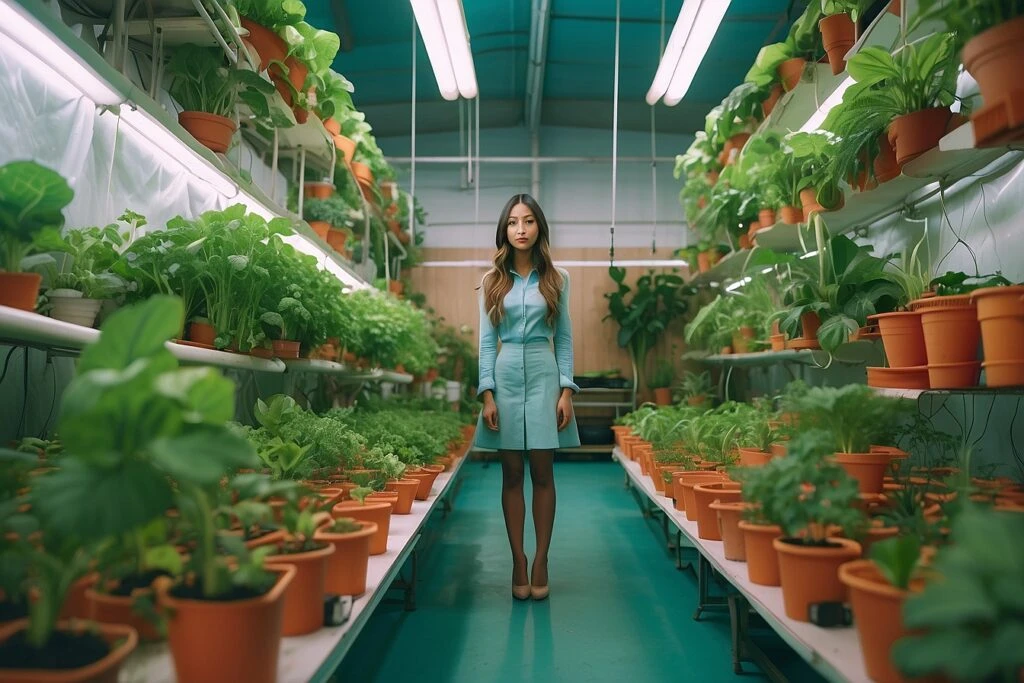 A woman standing in a hydroponic greenhouse with potted plants.