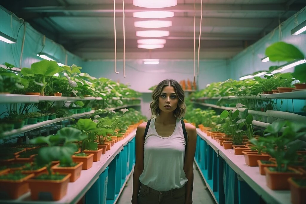 A woman standing in a hydroponic greenhouse.