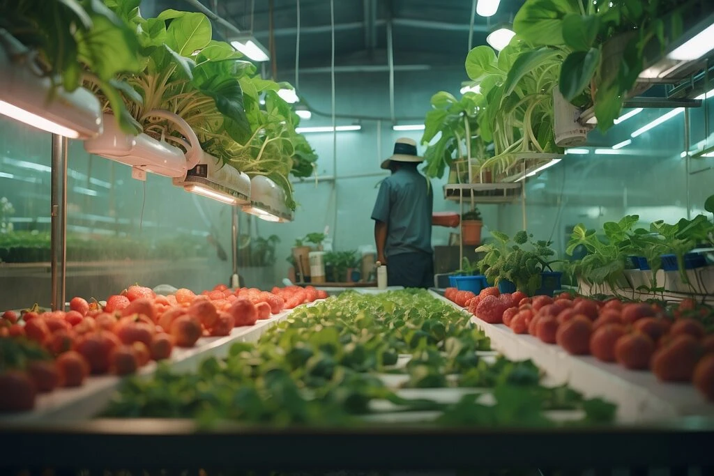 A man is standing in a hydroponic greenhouse with vegetables.