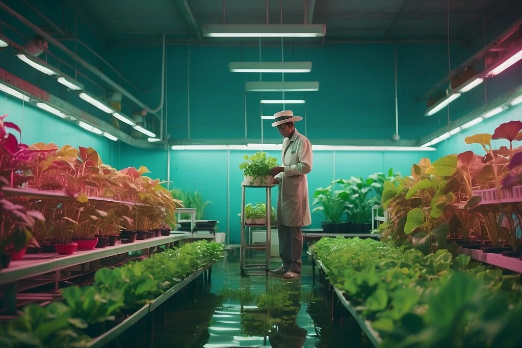 A man standing in a hydroponic greenhouse.