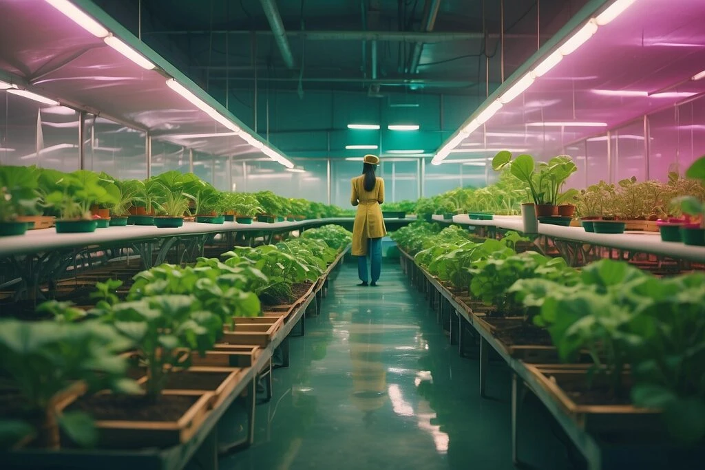 A woman is standing in a hydroponic greenhouse surrounded by plants.