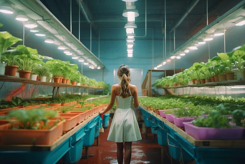 A hydroponic greenhouse with a woman in a white dress standing amidst lush green plants.