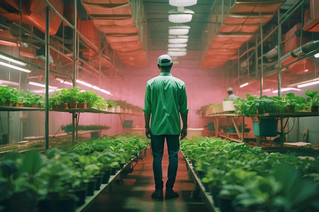 A man standing in a hydroponic greenhouse.