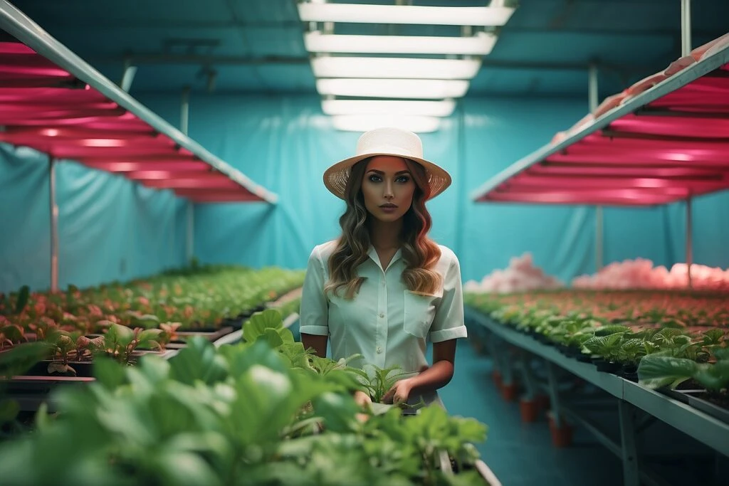 A woman tending to hydroponic plants in a greenhouse.