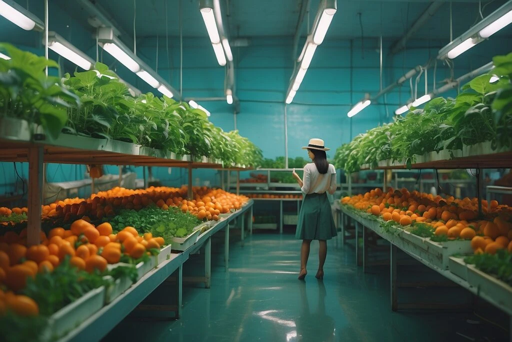 A hydroponic woman in a fruit store.