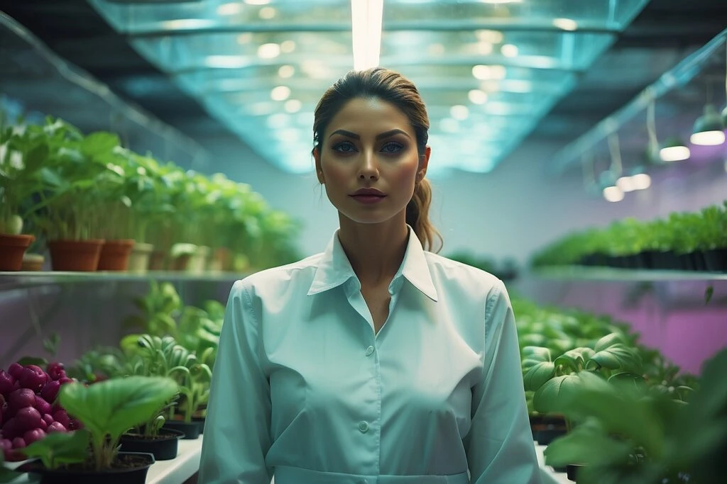 A woman standing in a hydroponic room with plants.