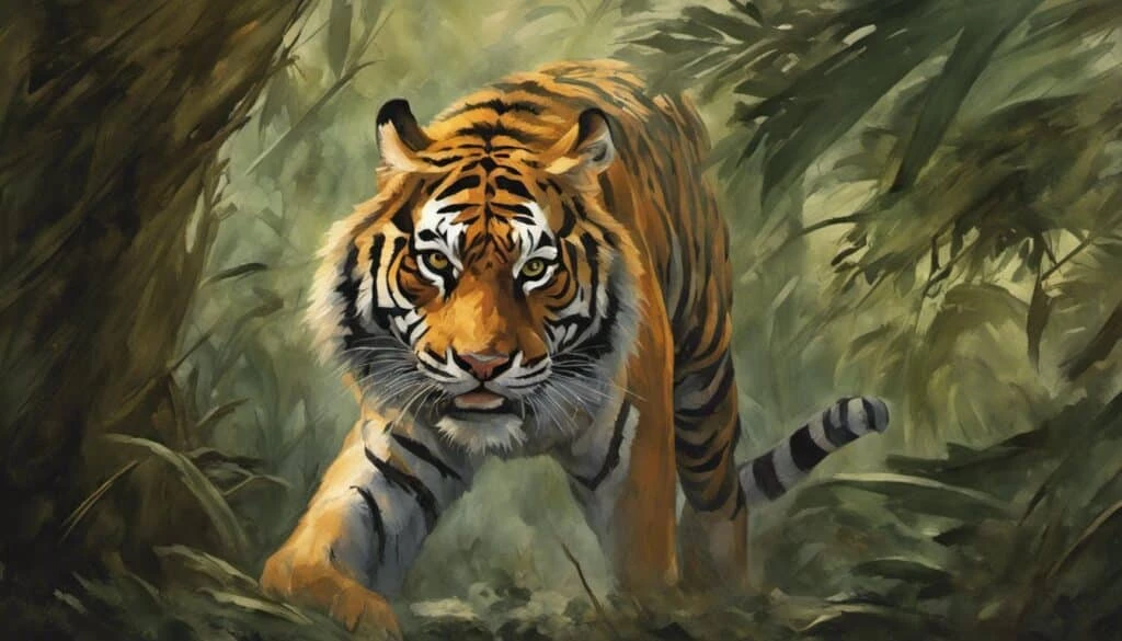 A painting featuring a majestic tiger amidst lush jungle foliage.