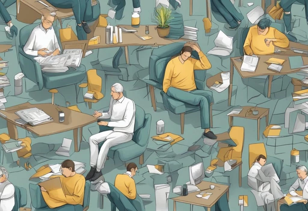 A seamless pattern of people sitting at desks.
