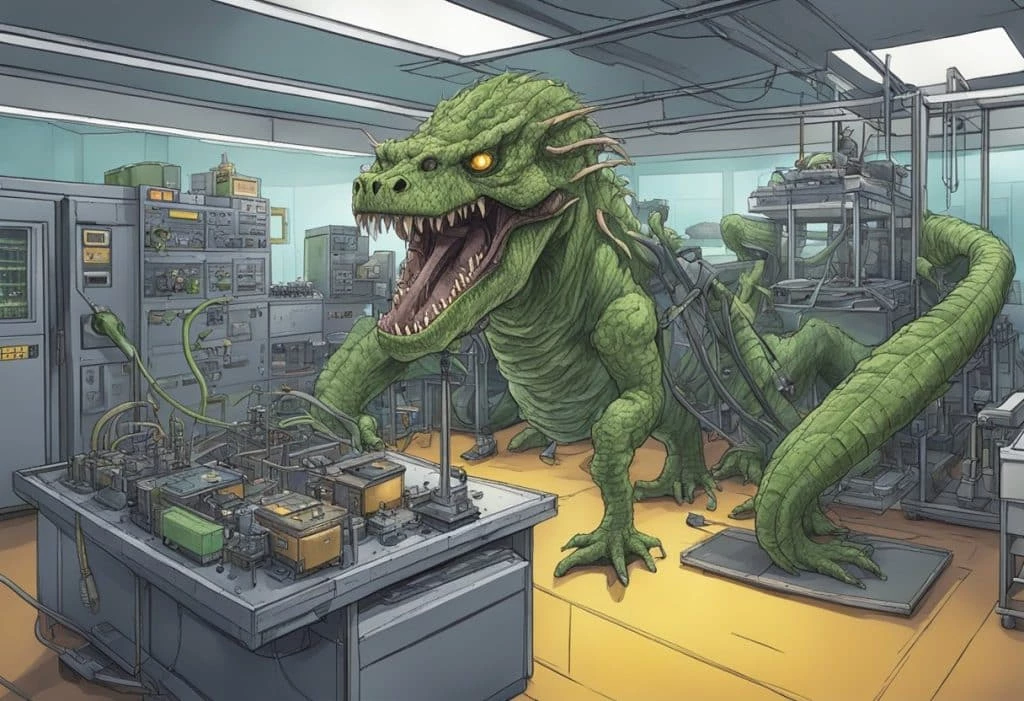 A green monster in a room with many machines.