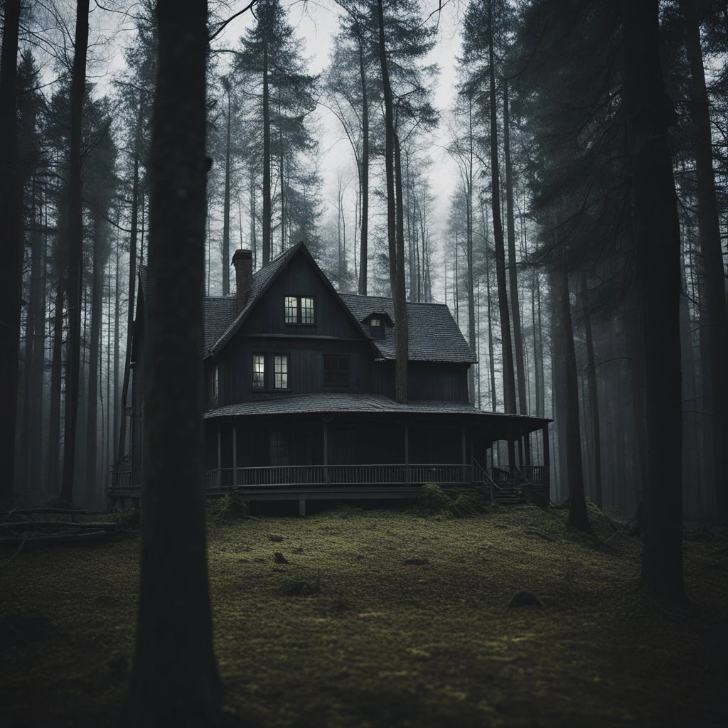 A haunting house nestled within the depths of a pitch-black forest.