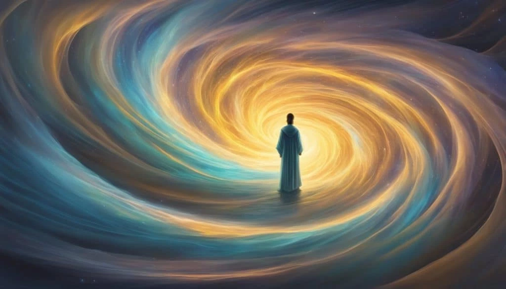 A man standing in front of a swirling vortex.