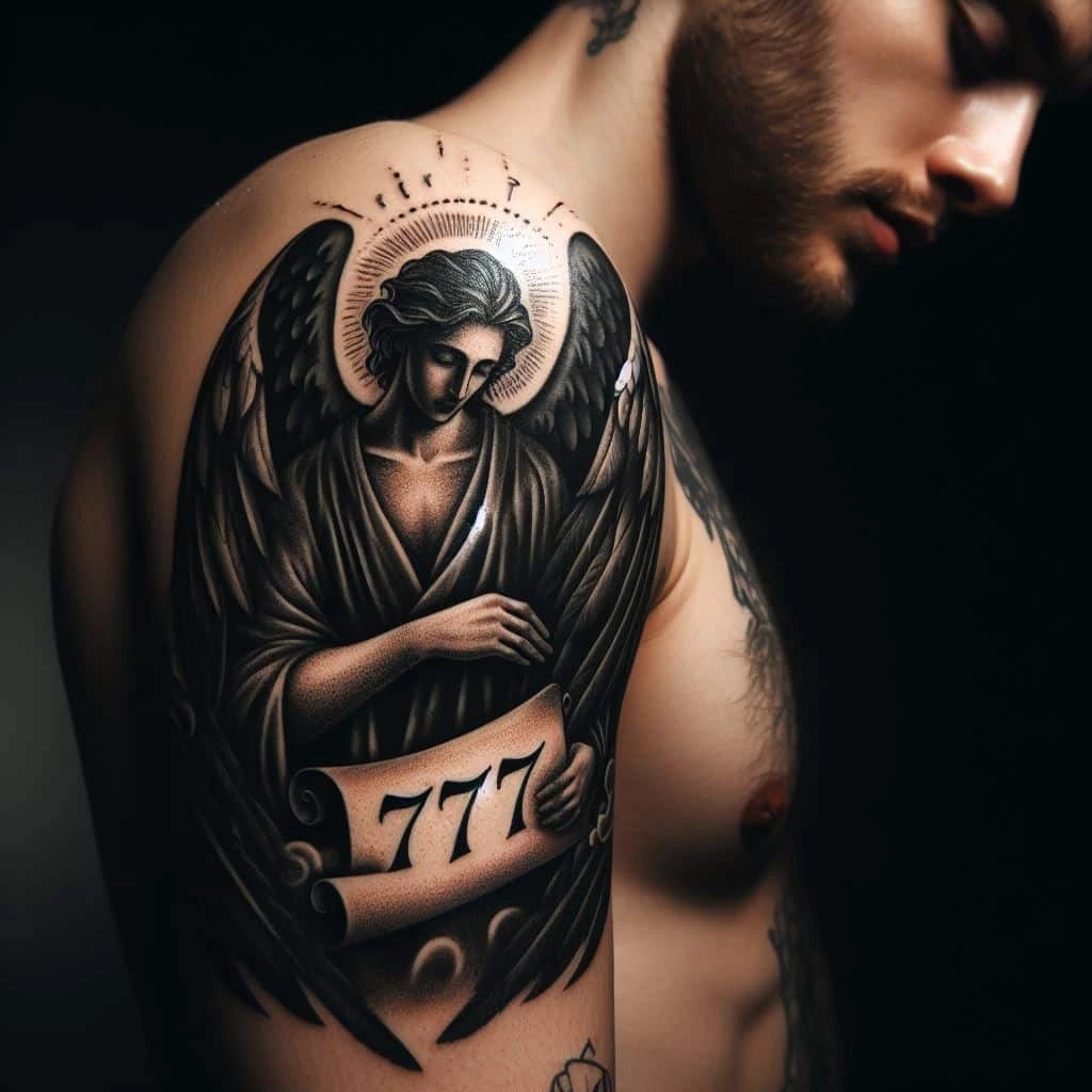 A man with an angel tattoo on his shoulder.