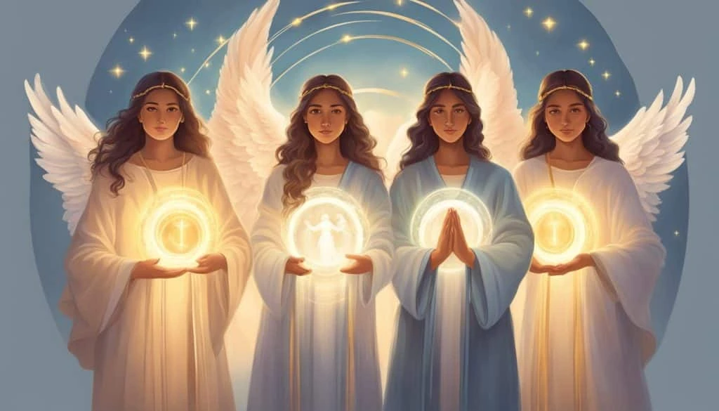 Four angels holding lights in their hands.