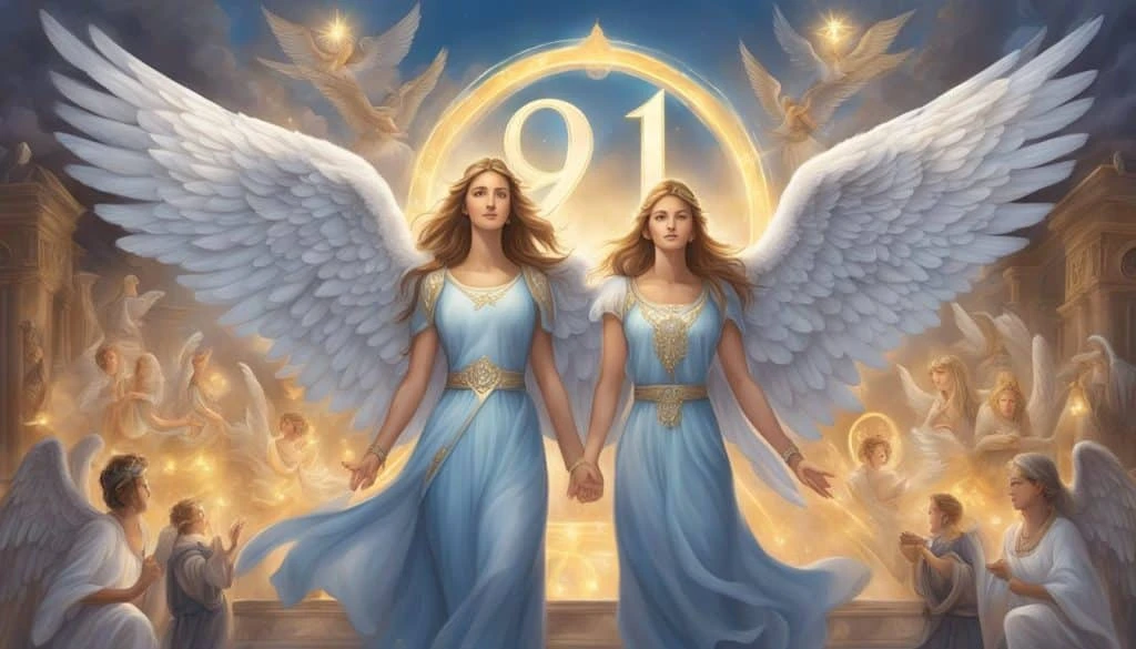Two angels with wings in front of a number 19.