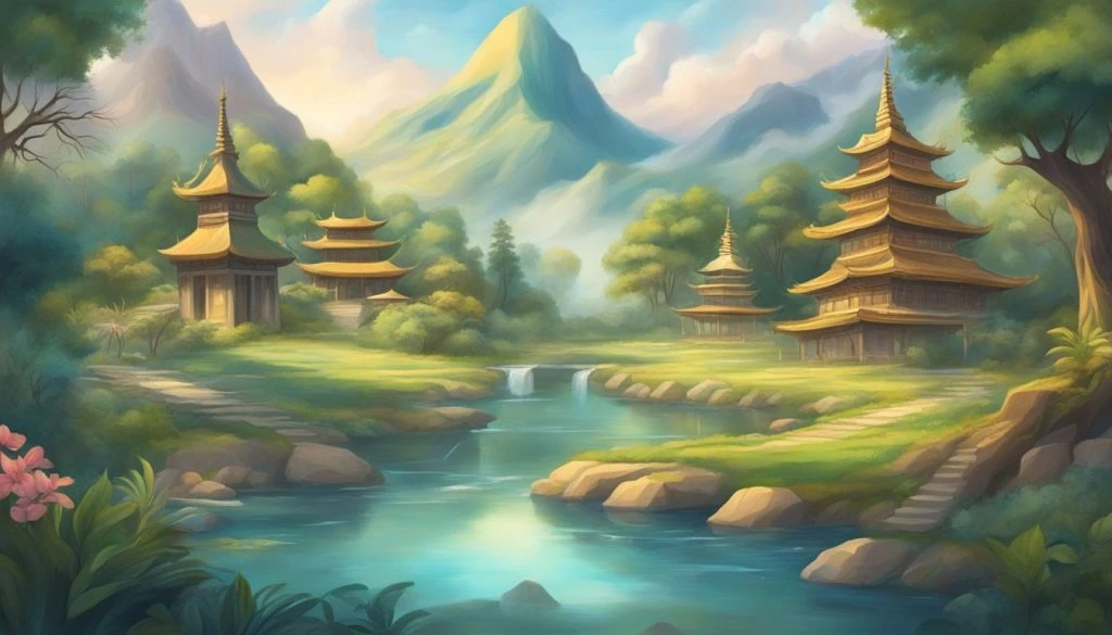 A painting of an asian village with a river and pagodas.
