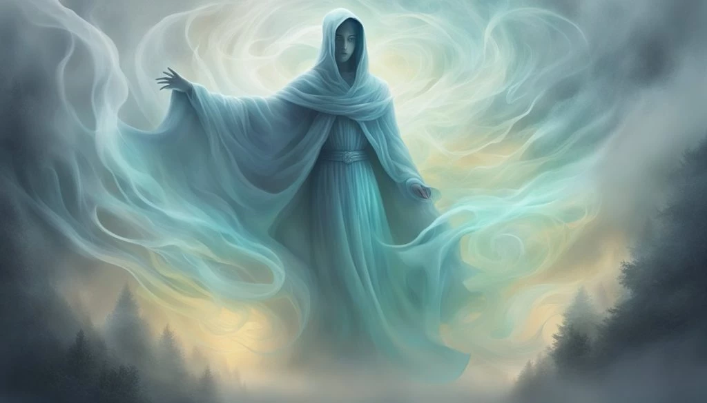 An image of a ghost in a blue robe standing in a forest.