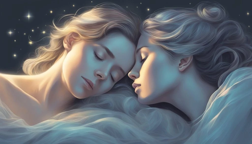 Two women sleeping in a bed with stars in the background.