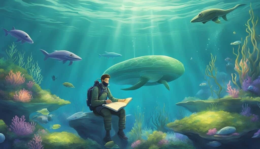 Illustration of a scuba diver sitting underwater on a rock, sketching in a notebook, surrounded by various fish, a turtle, and coral reefs.