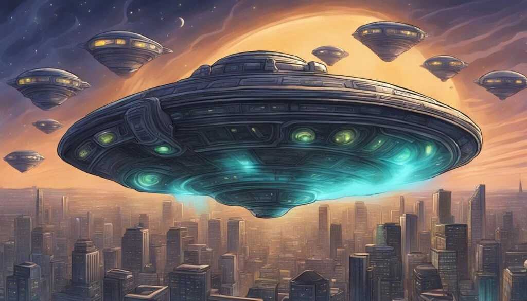 Illustration of multiple large spaceships hovering over a futuristic cityscape at sunset, with glowing lights and a vivid sky.