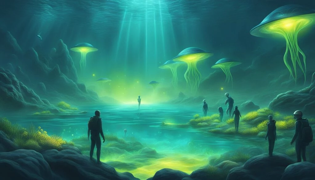 Illustration of surreal underwater scene with glowing jellyfish-like creatures, humans in spacesuits exploring rocky terrain, and rays of light shining through above.