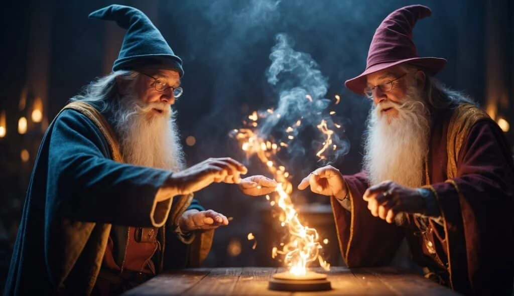 Two elderly wizards casting a spell over a small cauldron with magical flames, in a dimly lit room with candles.