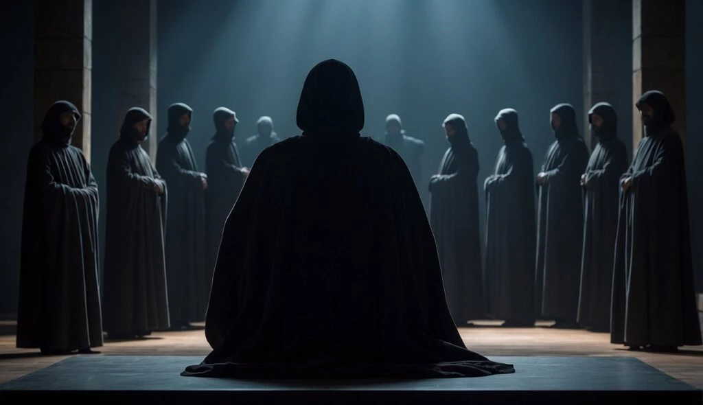 A person in a cloak sits facing a semicircle of similarly cloaked figures in a dimly lit, column-lined hall.