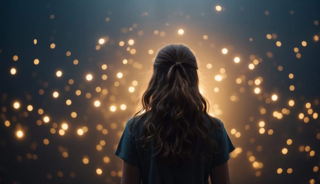 Woman with curly hair viewing a wall of glowing lights in a dimly lit environment.