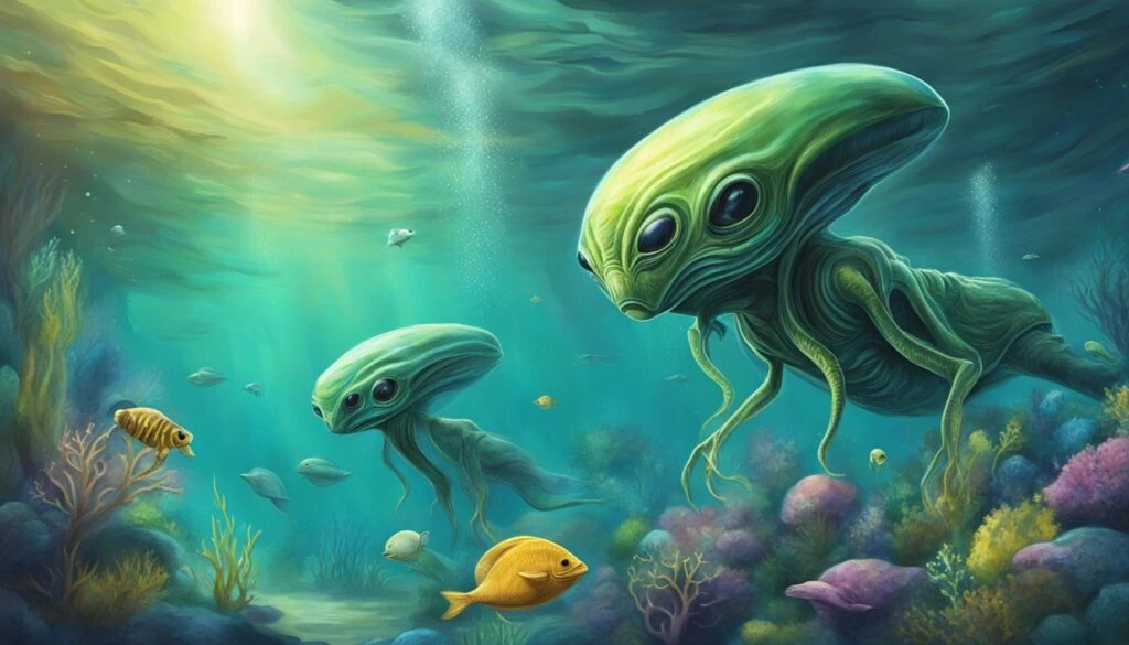 Two large-eyed, green alien creatures exploring an underwater scene with colorful fish and coral, under beams of light filtering through water.