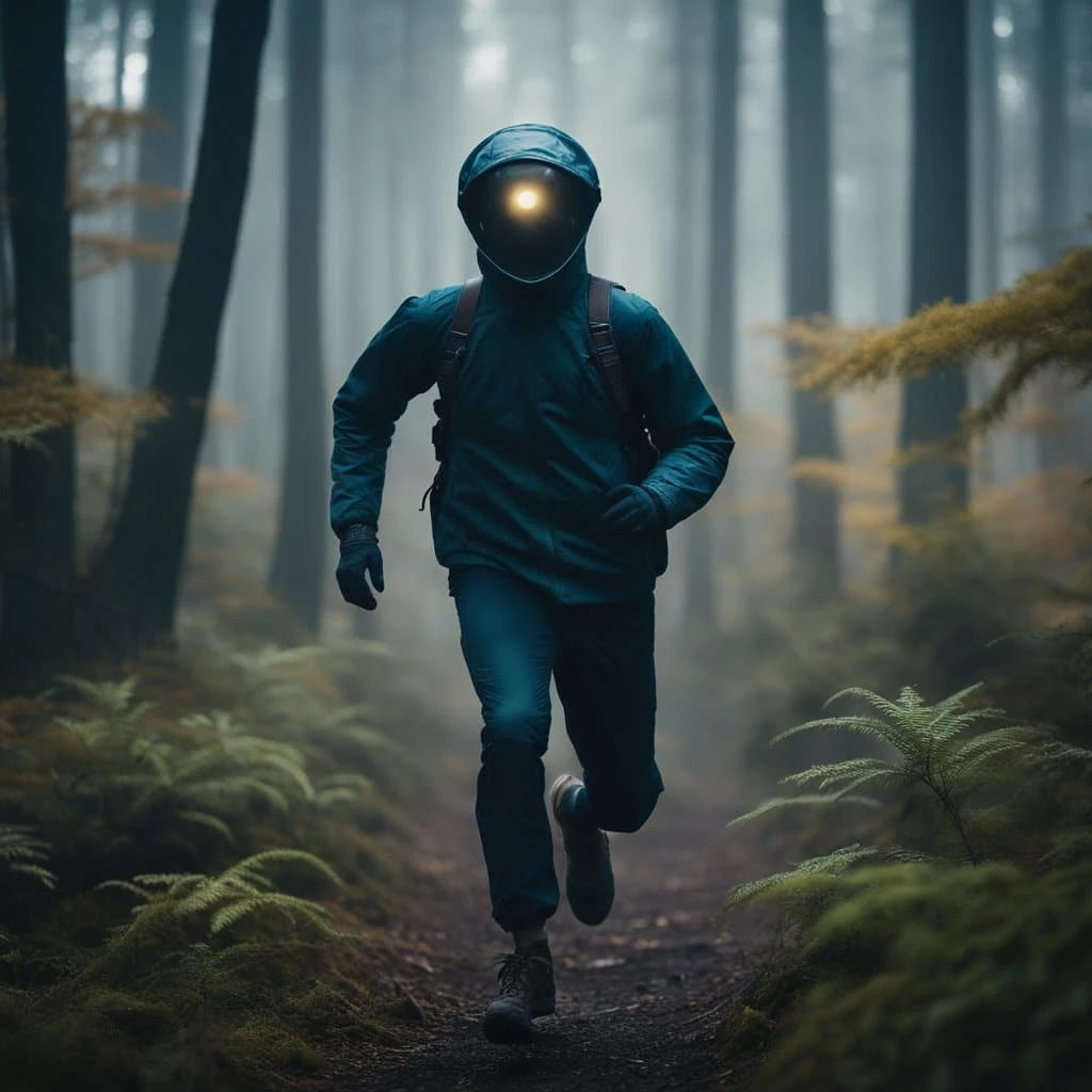 Person in a helmet and blue suit runs through a misty, fern-lined forest.