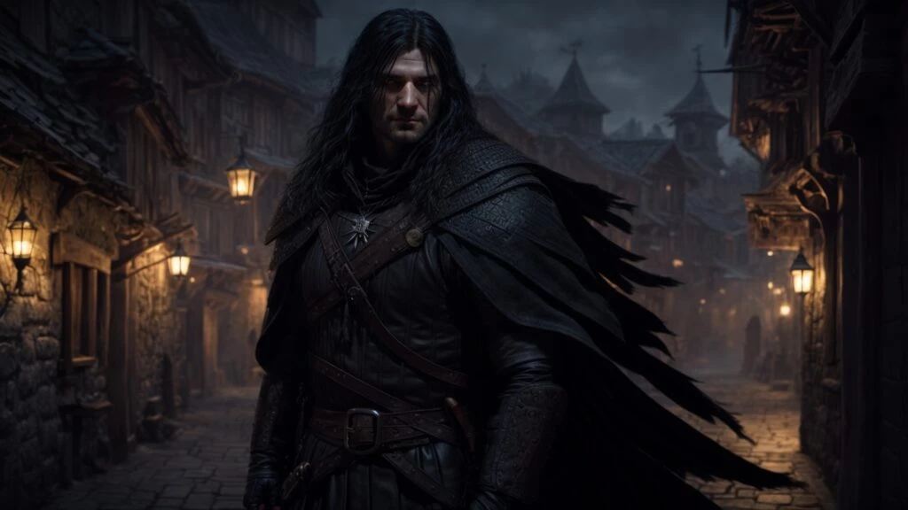 A man with long black hair and a dark cloak stands in a dimly lit medieval street, looking intently forward.