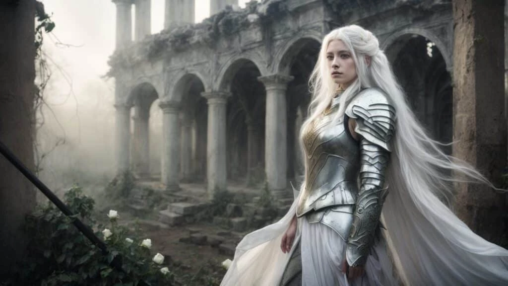 A woman in elaborate silver armor and flowing white hair stands amidst misty, ancient ruins.