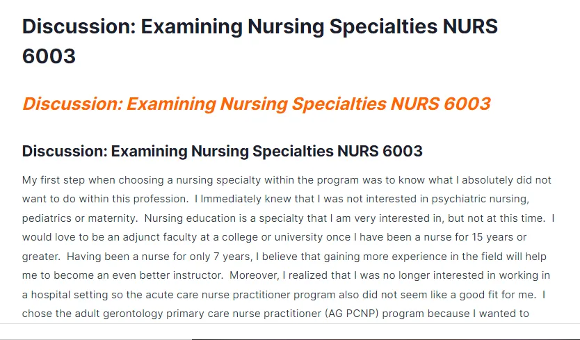 Discussion: Examining Nursing Specialties NURS 6003