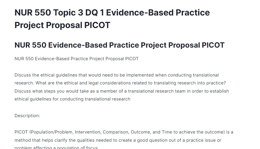 NUR 550 Topic 3 DQ 1 Evidence-Based Practice Project Proposal PICOT