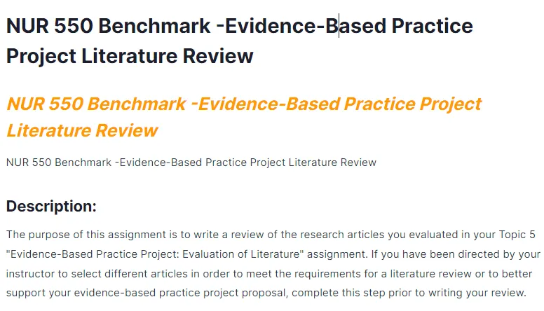 NUR 550 Benchmark -Evidence-Based Practice Project Literature Review