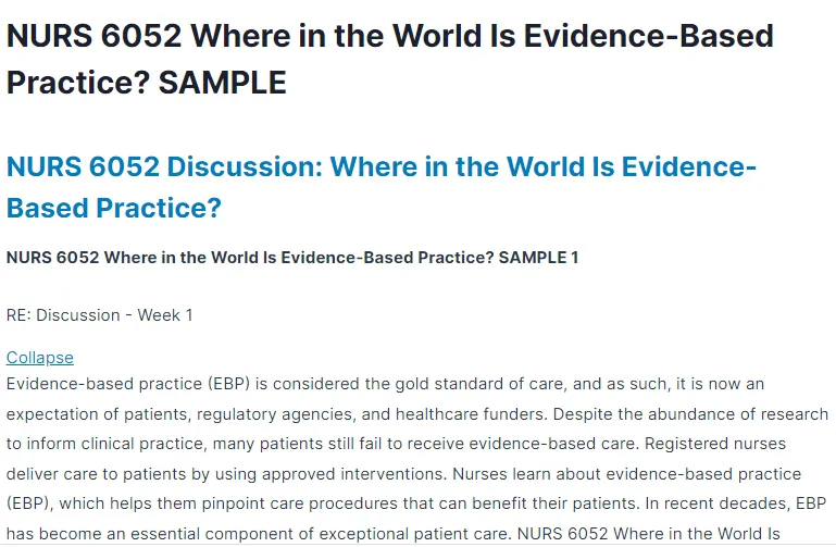 NURS 6052 Where in the World Is Evidence-Based Practice? SAMPLE