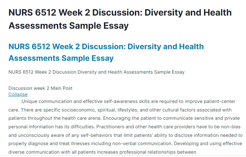NURS 6512 Week 2 Discussion: Diversity and Health Assessments Sample Essay