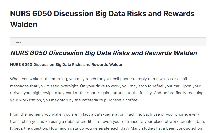 NURS 6050 Discussion Big Data Risks and Rewards Walden