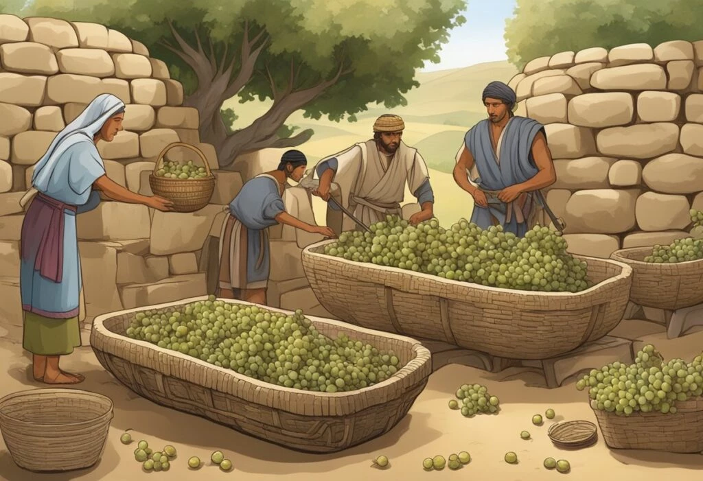 A group of people are harvesting grapes in baskets.