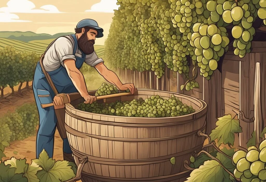 A man is harvesting grapes from a barrel in a vineyard.