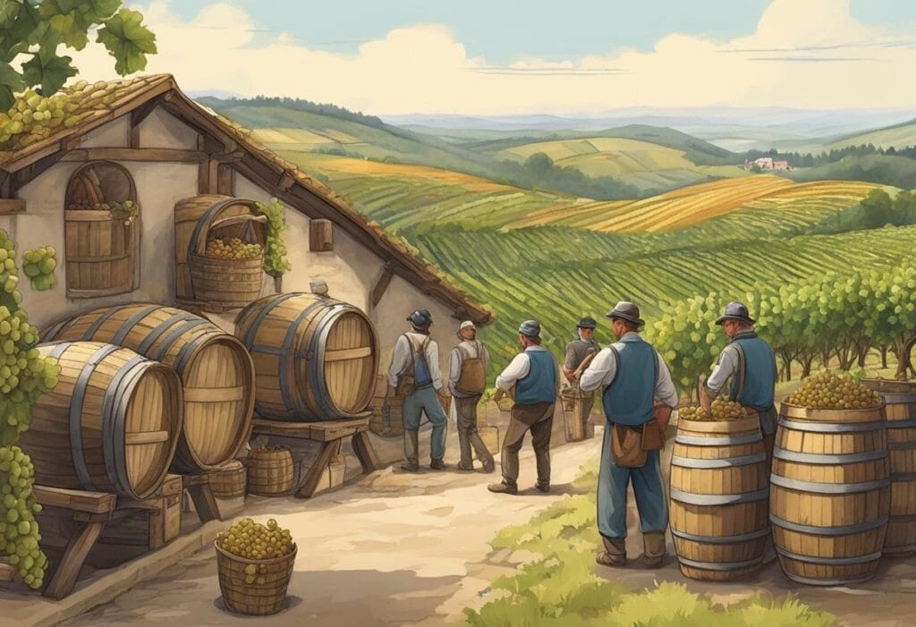 A painting of wine barrels in a vineyard.