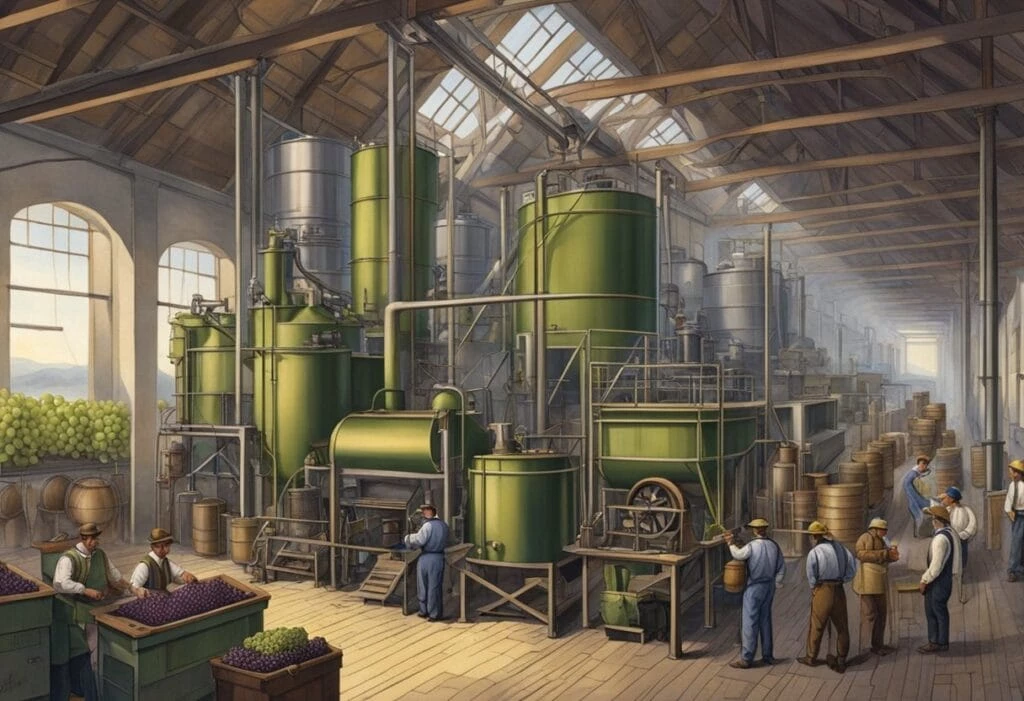 A painting of a factory with people in it.