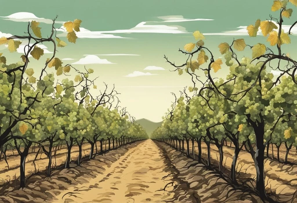 An illustration of a vineyard with trees and a dirt road.