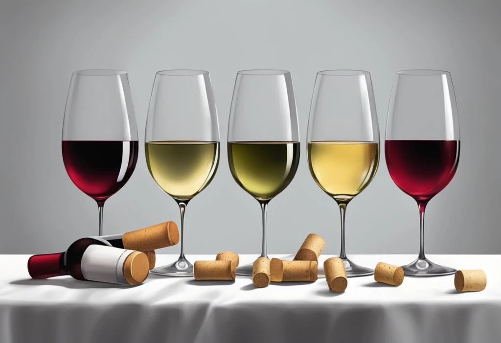 Four glasses of wine with corks and a bottle of wine.