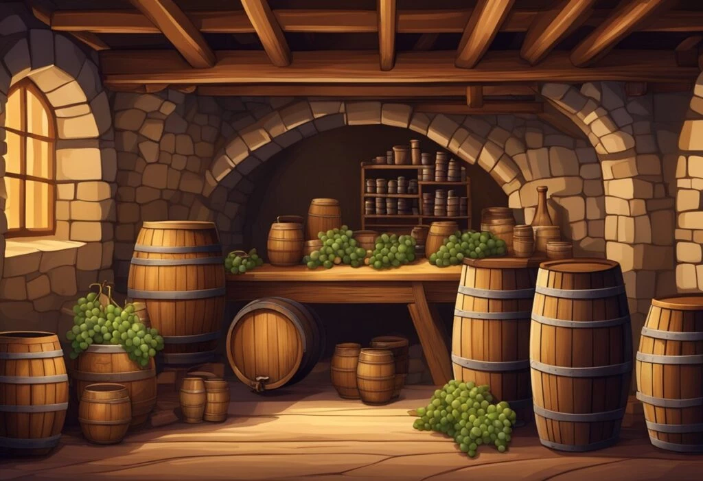 A wine cellar with barrels and grapes.