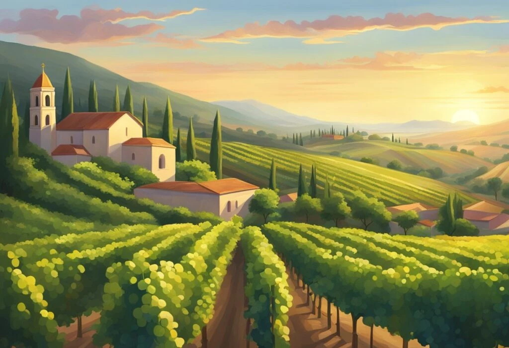 A painting of a vineyard in tuscany.