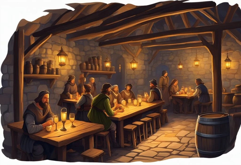 An illustration of a medieval pub with people sitting at tables.