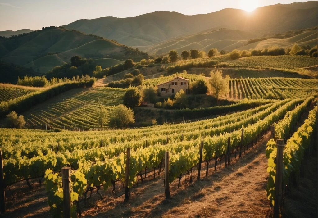 A vineyard field at sunset in Lombardy, Italy.