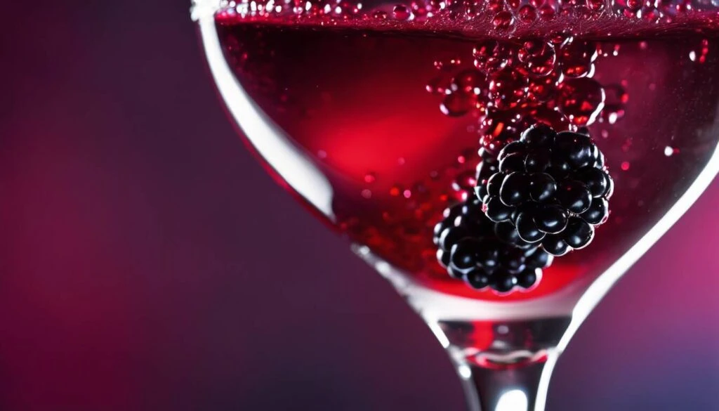 A glass of wine with blackberries in it.