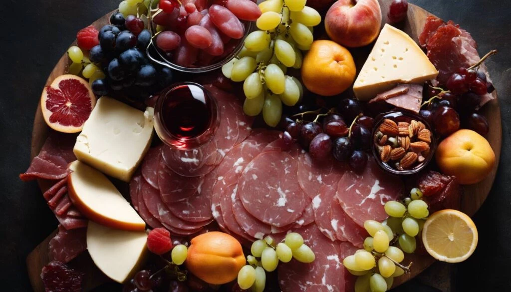 A platter of meat, cheese, fruit and grapes.